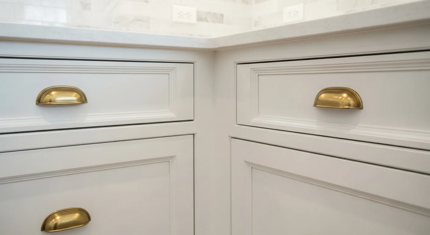 Full custom inset white cabinets with unlacquered brass hardware in a Palm Beach kitchen remodel
