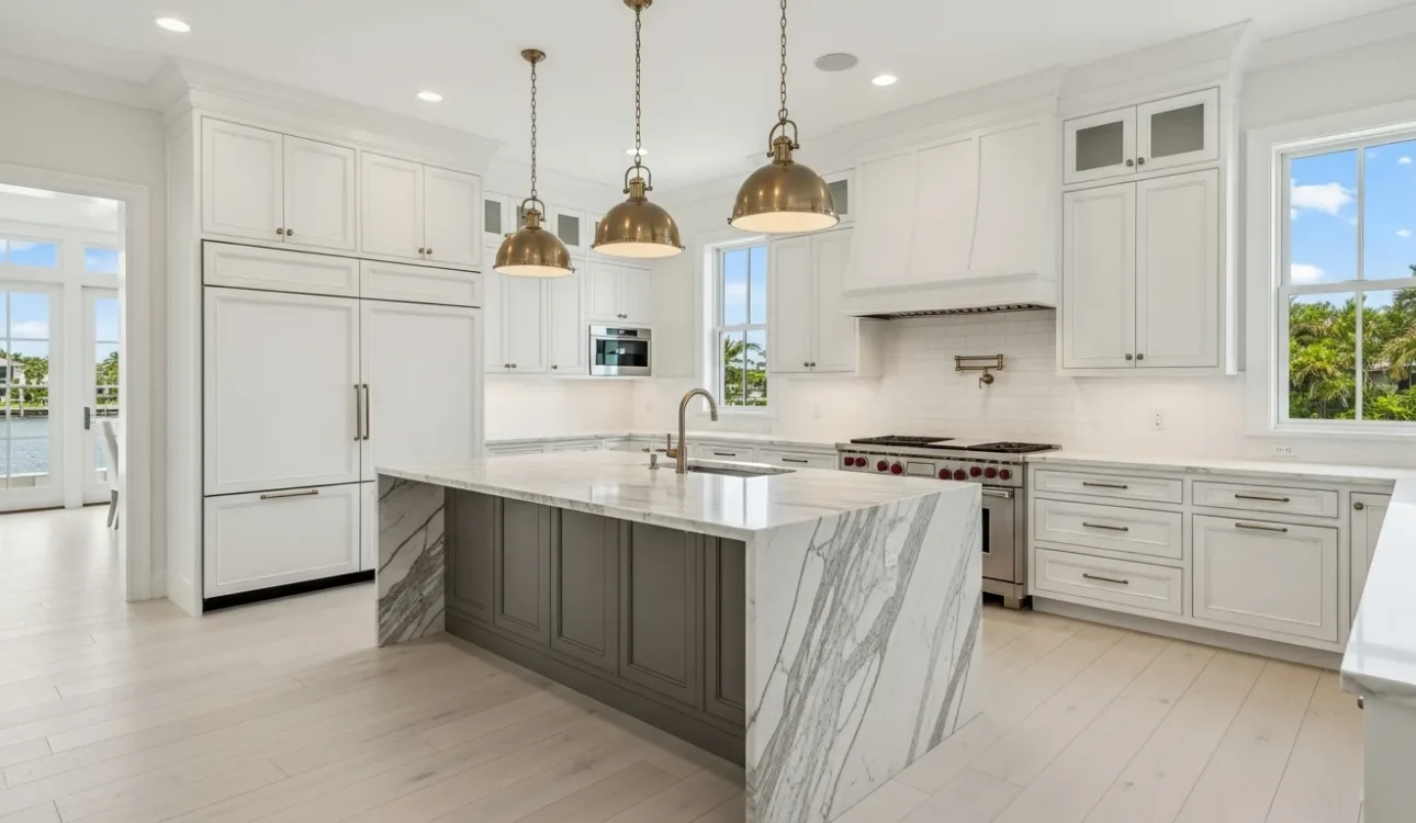 Luxury kitchen remodel with custom cabinetry and marble island in a Palm Beach FL home