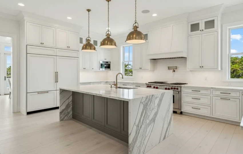 Luxury kitchen remodel with custom cabinetry and marble island in a Palm Beach FL home