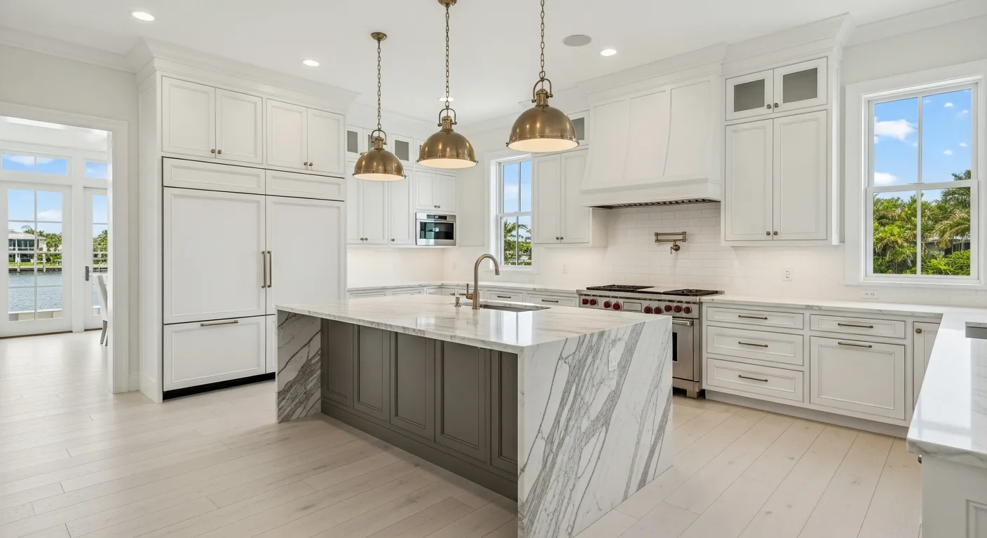 Luxury kitchen remodel with custom cabinetry and marble island in a Palm Beach FL home