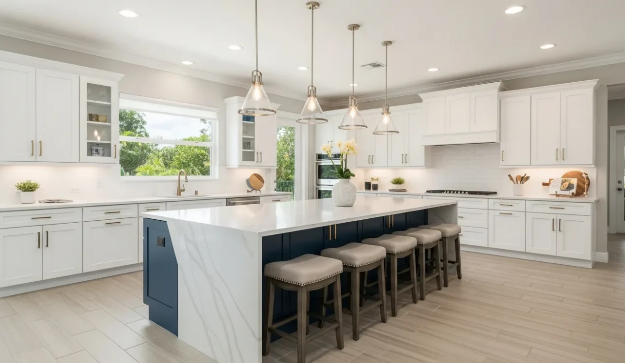 Modern kitchen remodel with oversized island in a Wellington FL home