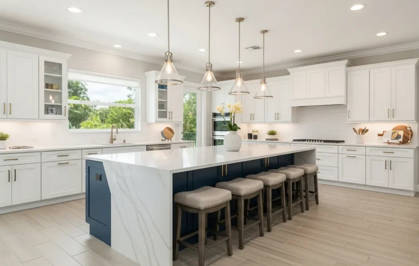 Modern kitchen remodel with oversized island in a Wellington FL home