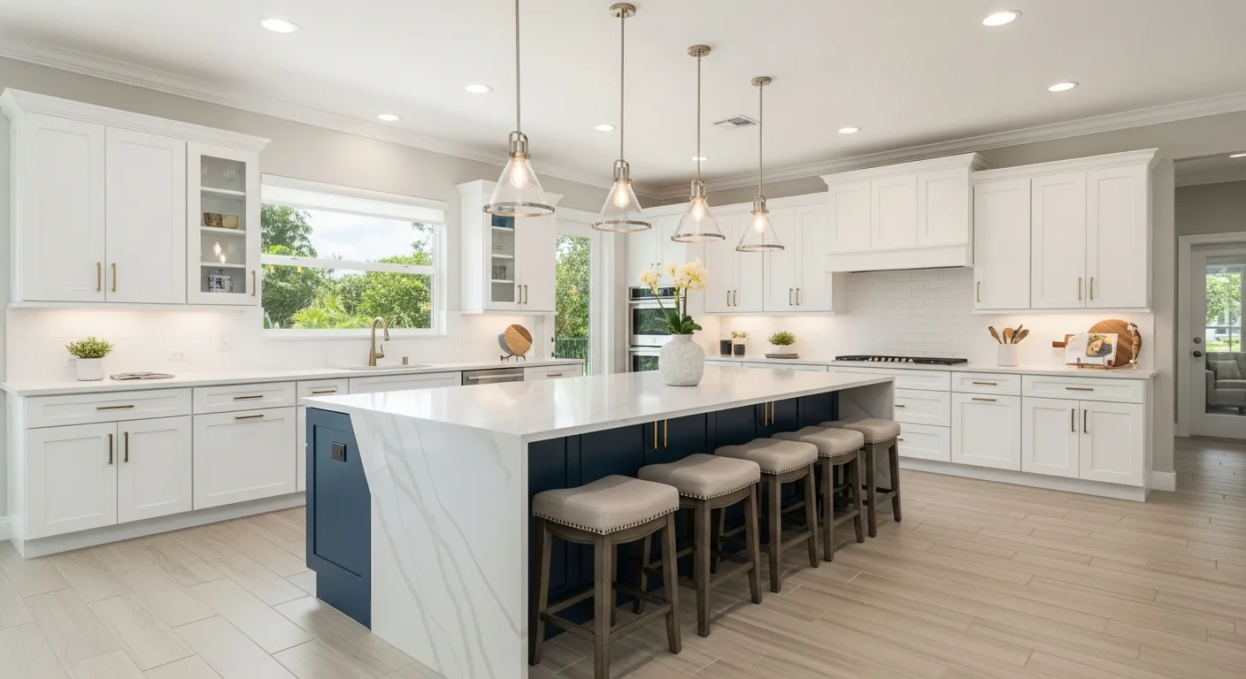 Modern kitchen remodel with oversized island in a Wellington FL home