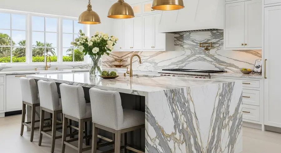 Book-matched marble island with waterfall edge in a Palm Beach Florida kitchen renovation
