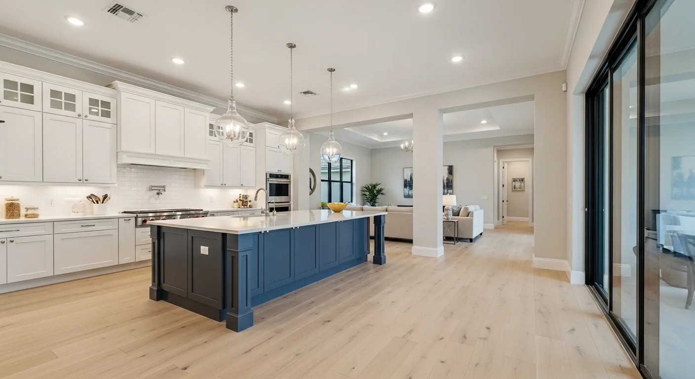 Open kitchen layout with large island and living room connection in a Wellington FL remodel