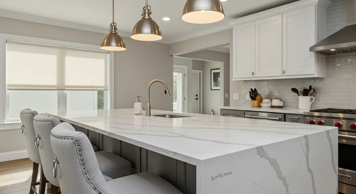 Waterfall quartz island with bar seating in a Wellington Florida kitchen renovation