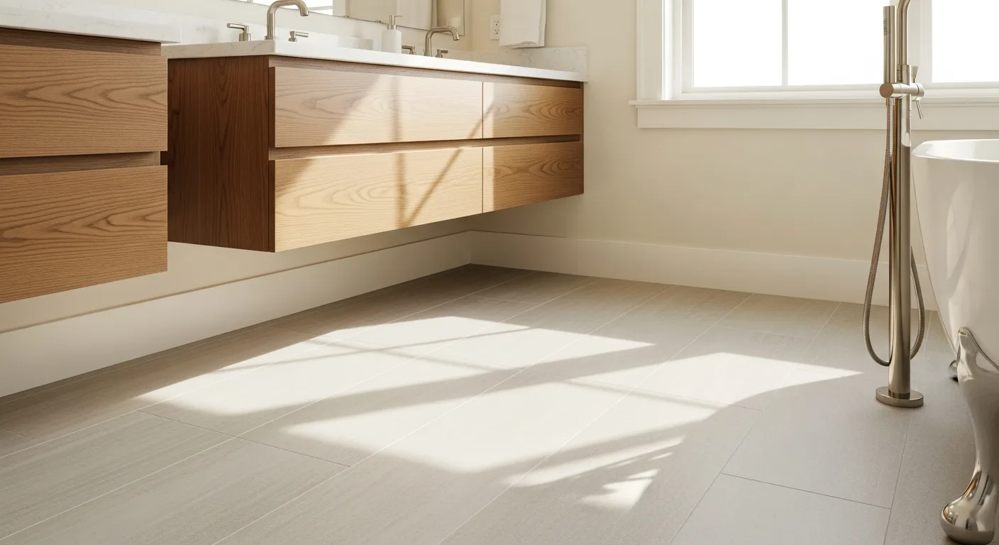 Bathroom flooring options for Florida humidity — large-format porcelain, luxury vinyl, and natural stone samples