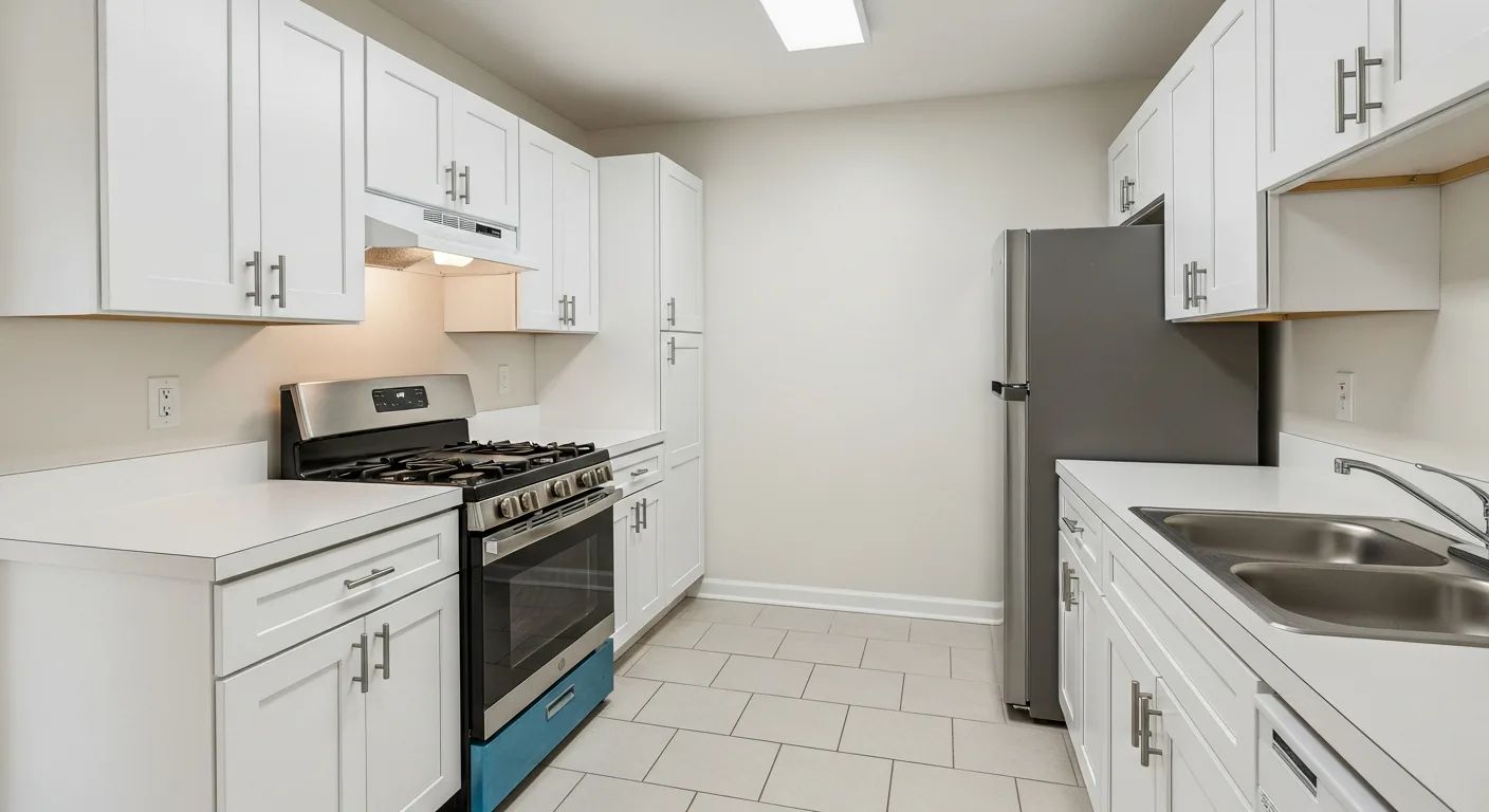 Budget kitchen remodel in a Florida home with clean white cabinets and laminate countertops