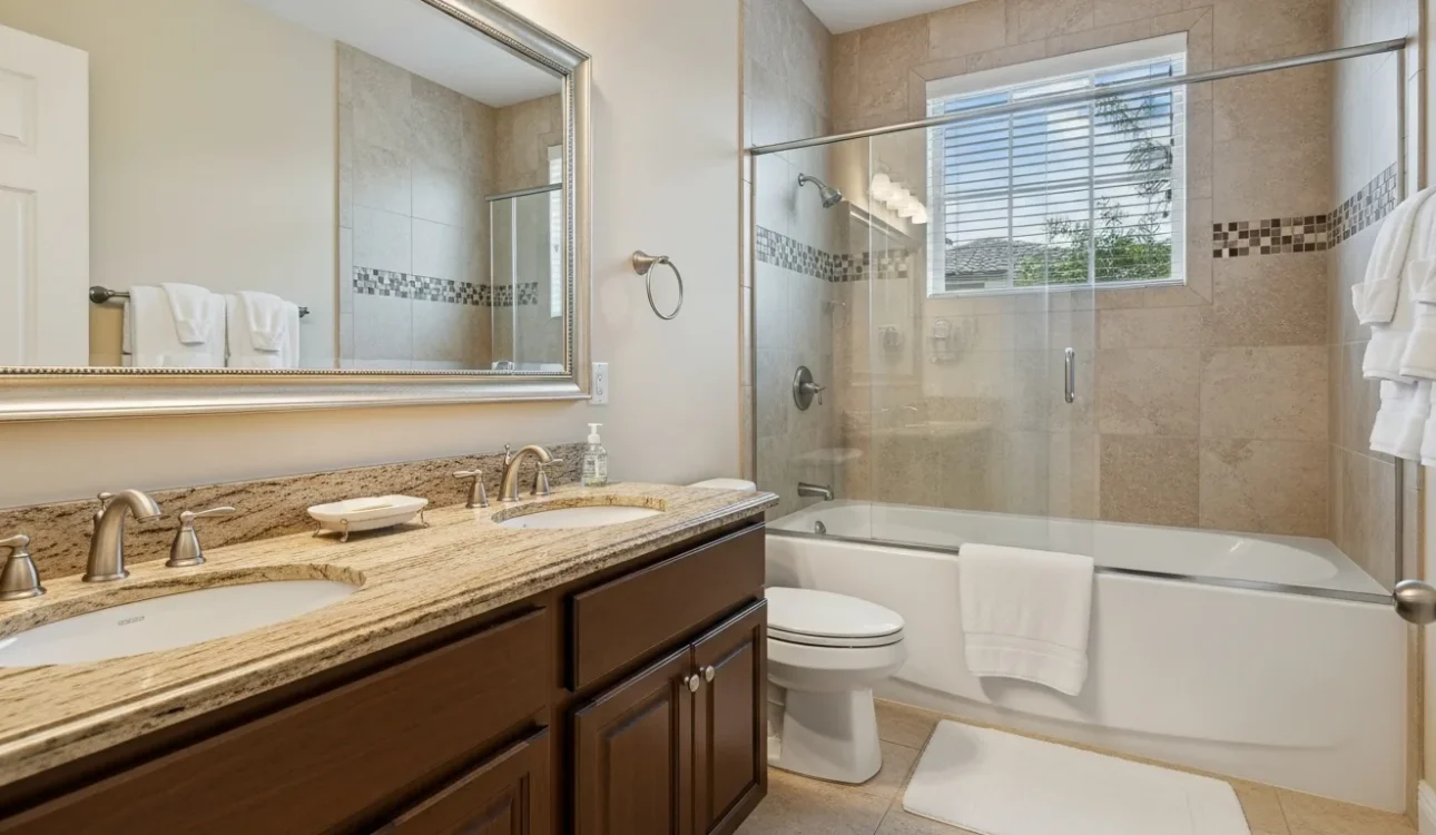 Luxury bathroom remodel in a Florida home with freestanding tub, frameless glass walk-in shower, and natural stone wall