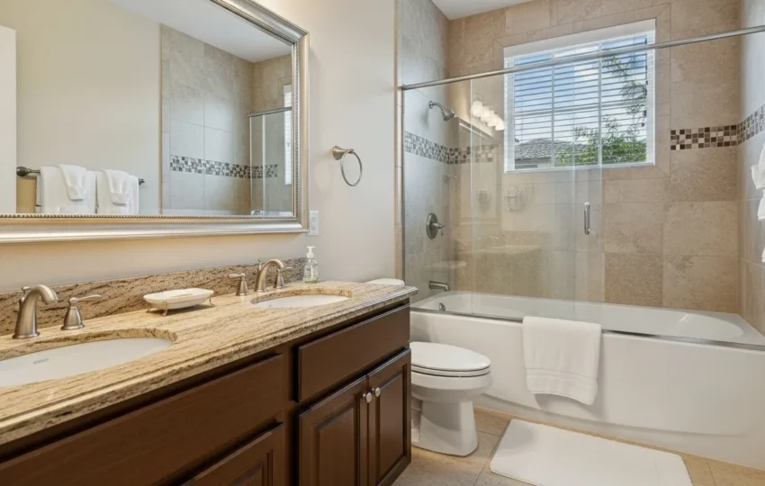 Luxury bathroom remodel in a Florida home with freestanding tub, frameless glass walk-in shower, and natural stone wall