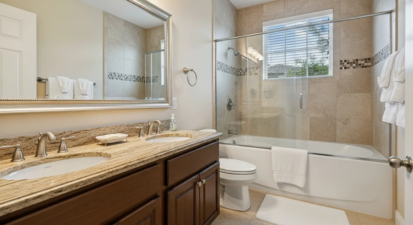 Luxury bathroom remodel in a Florida home with freestanding tub, frameless glass walk-in shower, and natural stone wall