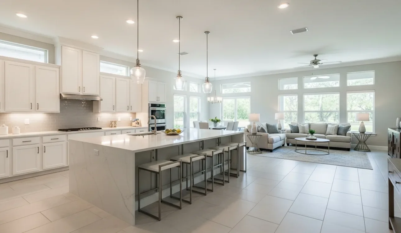 Open concept kitchen remodel in a Florida home with large island and living room connection