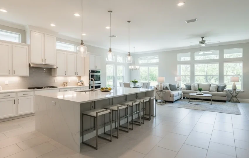 Open concept kitchen remodel in a Florida home with large island and living room connection