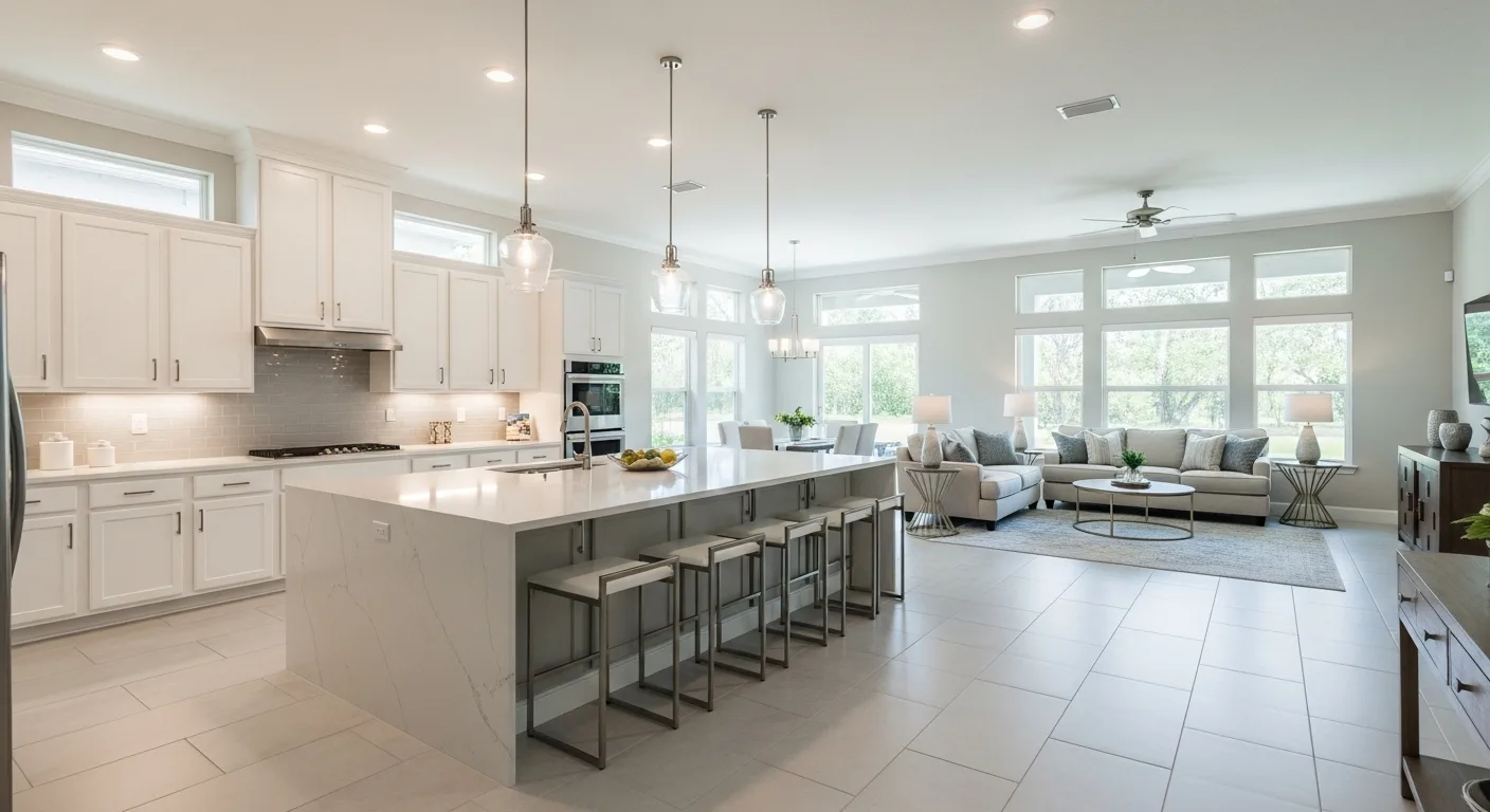 Open concept kitchen remodel in a Florida home with large island, living room connection and Florida natural light