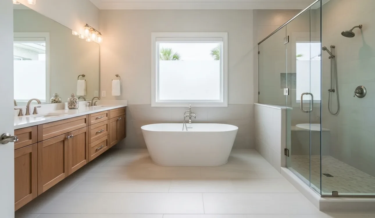 Primary bathroom remodel Florida with freestanding tub, frameless glass shower, and floating wood double vanity