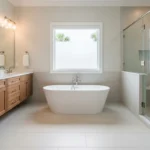 Primary bathroom remodel Florida with freestanding tub, frameless glass shower, and floating wood double vanity