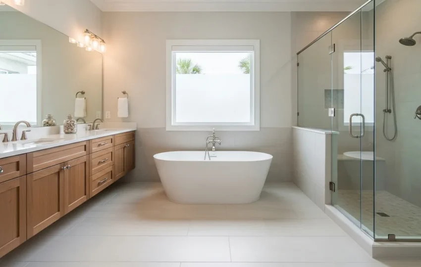 Primary bathroom remodel Florida with freestanding tub, frameless glass shower, and floating wood double vanity