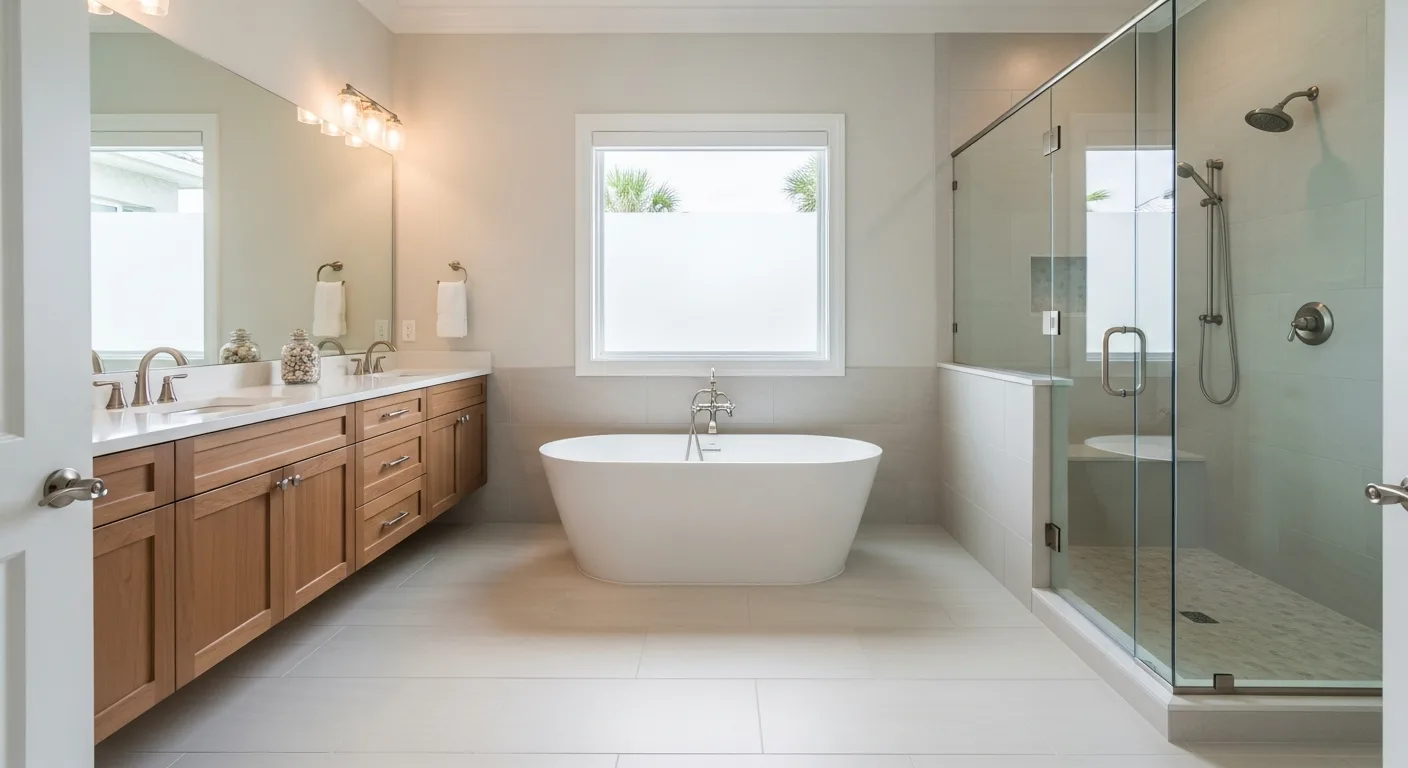 Primary bathroom remodel Florida: freestanding tub, frameless glass shower, and floating wood double vanity