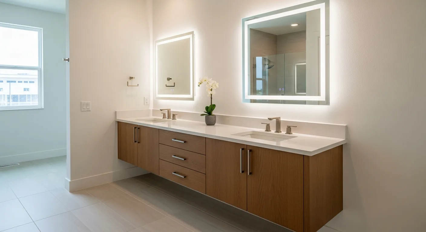 Double vanity configuration options in a Florida primary bathroom — floating wall-to-wall vanity with two sinks