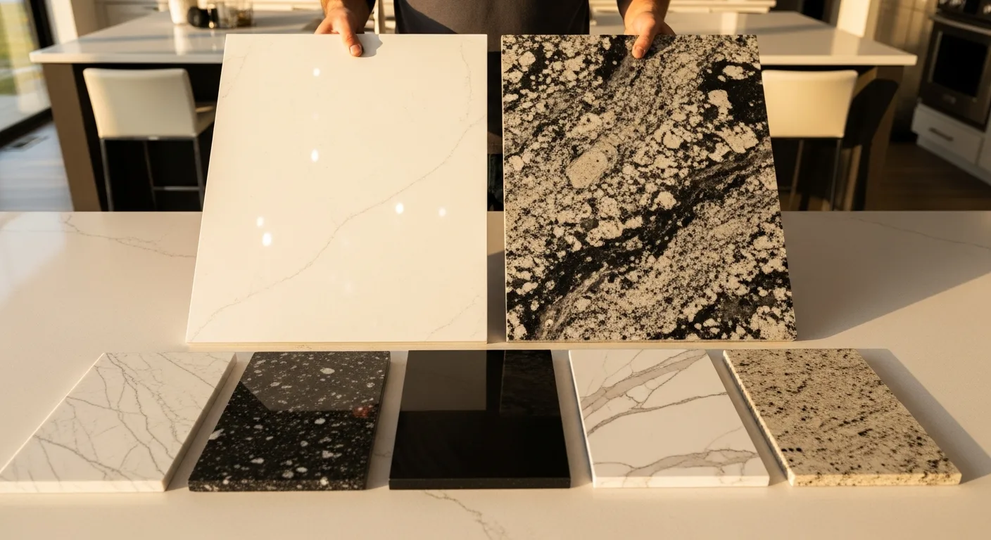 RenoVision designer consultation showing countertop samples to Florida homeowners during kitchen remodel planning