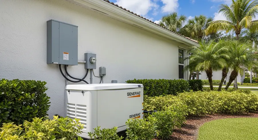 Whole-home standby generator installed outside a Florida home with manual transfer switch panel in the kitchen utility area