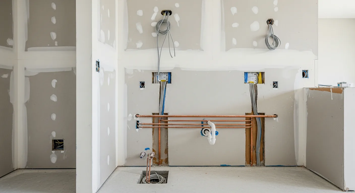 Electrical panel and plumbing rough-in work visible during a Florida kitchen remodel