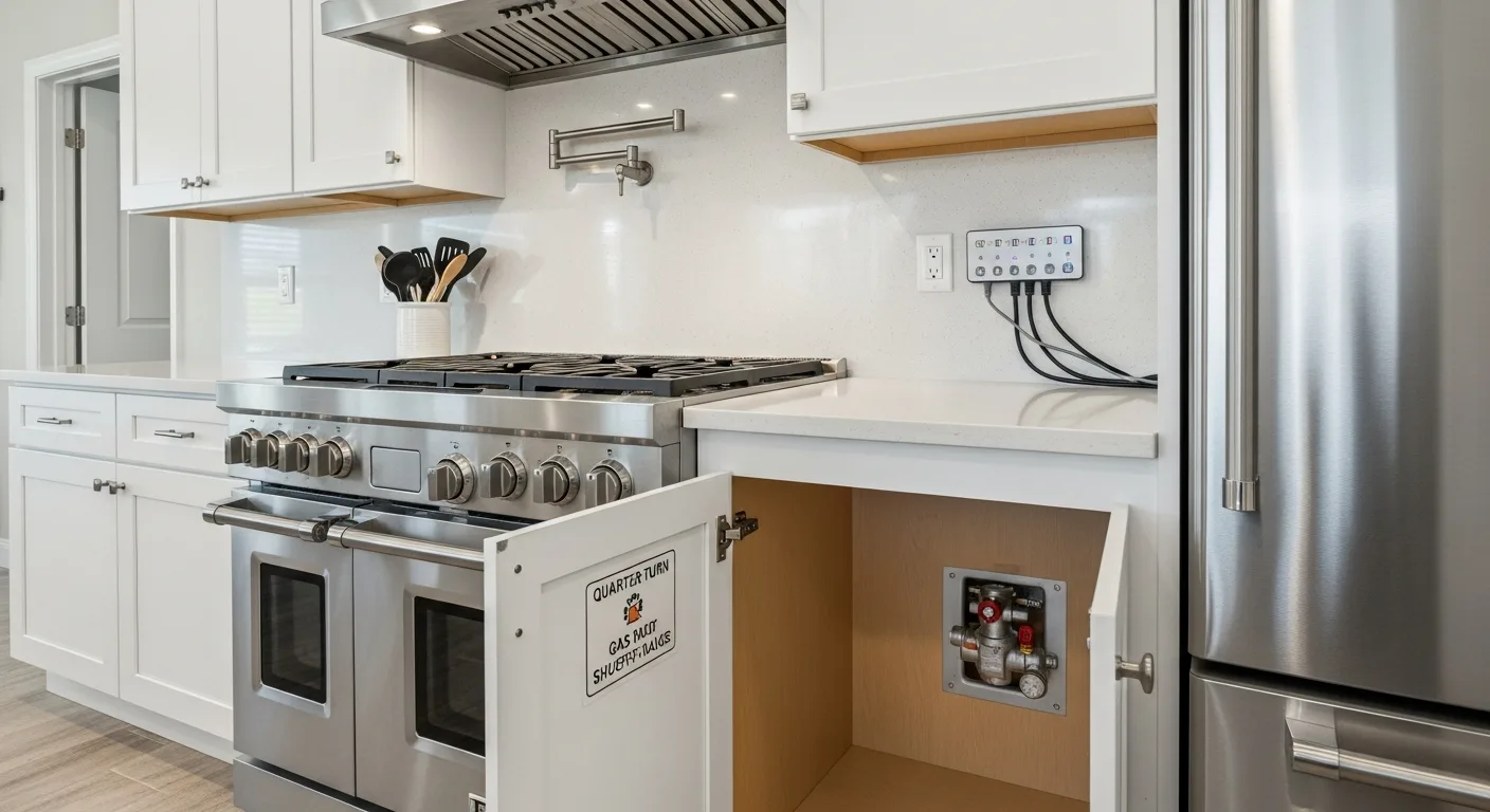 Storm-ready kitchen appliance wall in a Florida home showing dedicated refrigerator circuit, accessible gas shutoff, and range with manual ignition