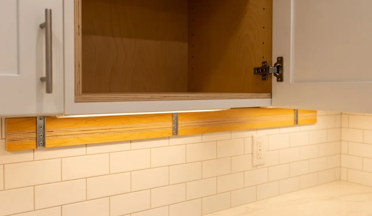 Storm-rated cabinet installation in a Florida kitchen showing plywood mounting rail and structural fasteners