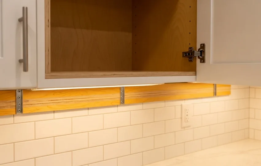 Storm-rated cabinet installation in a Florida kitchen showing plywood mounting rail and structural fasteners