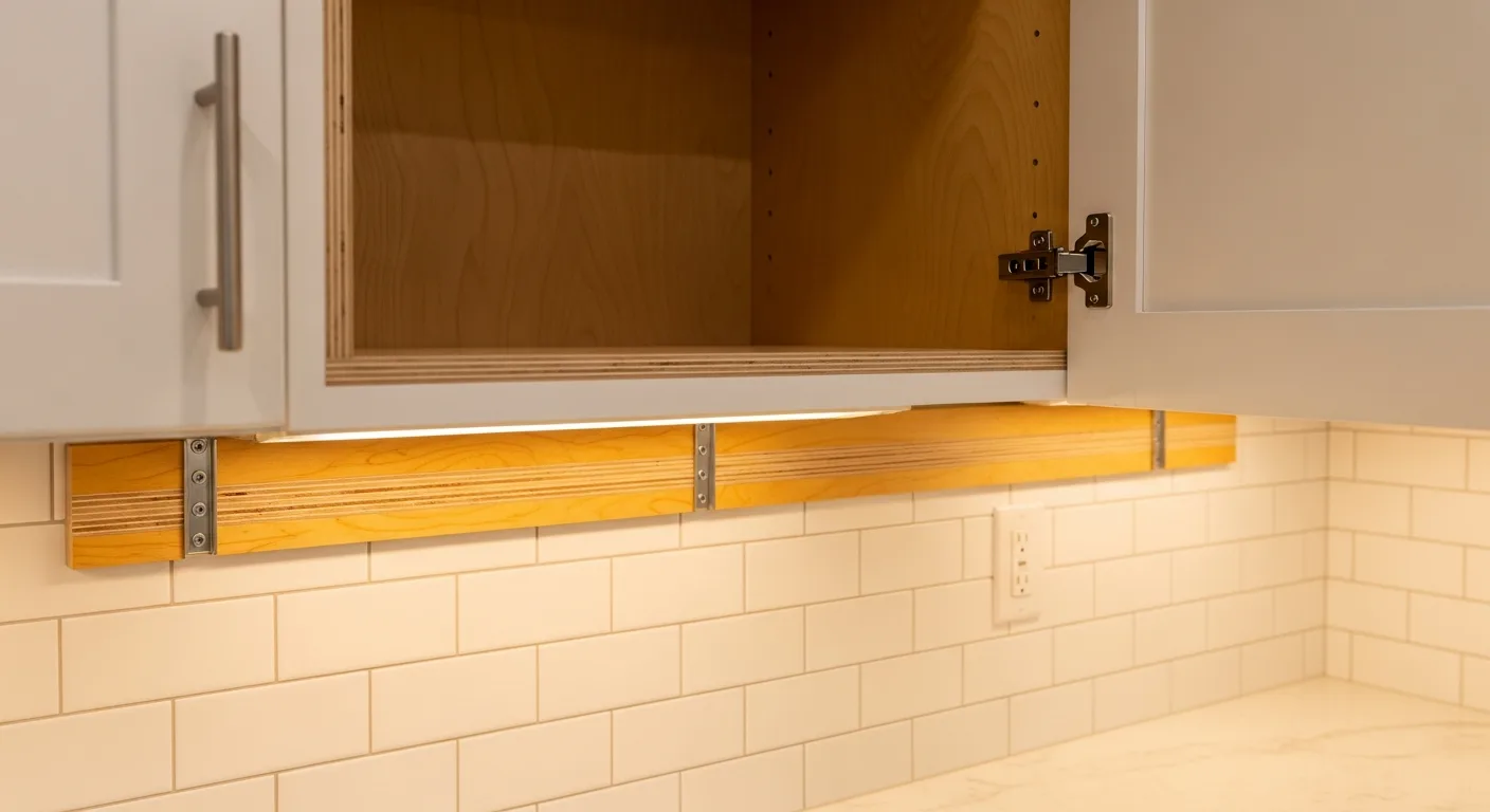 Hurricane-rated cabinet installation in a Florida kitchen showing continuous plywood mounting rail and structural lag screws into wall studs