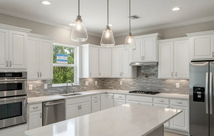 Completed hurricane-ready kitchen remodel in a Florida home with impact windows and custom cabinetry