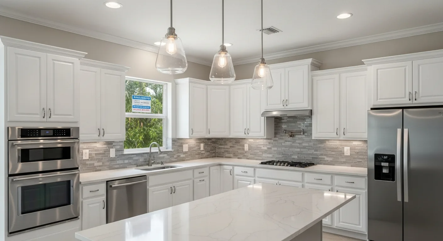 Completed hurricane-ready kitchen in a Florida home — permit documentation, product approval numbers, and structural fastener details visible in the project file