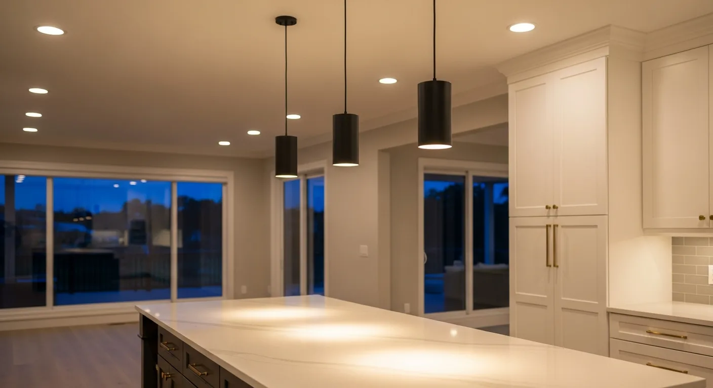 Three pendant lights over a white quartz kitchen island in a Florida open-concept kitchen
