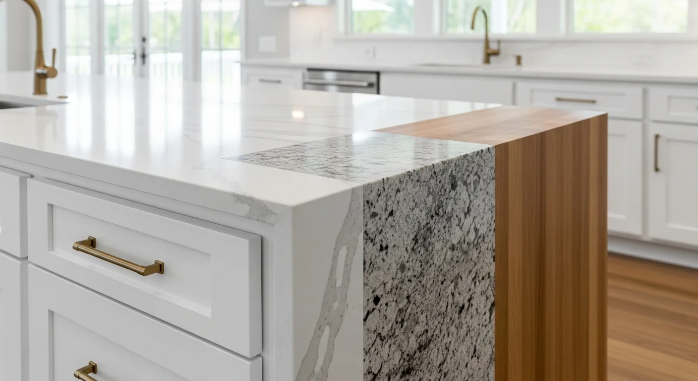 Kitchen island materials in a Florida home, white quartz waterfall edge next to granite and butcher block samples