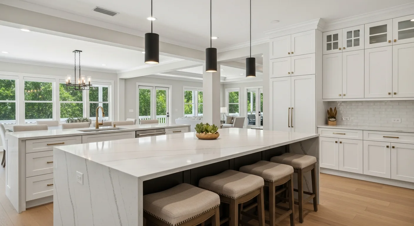 Waterfall edge kitchen island with bar seating and pendant lights in a Florida open-concept kitchen
