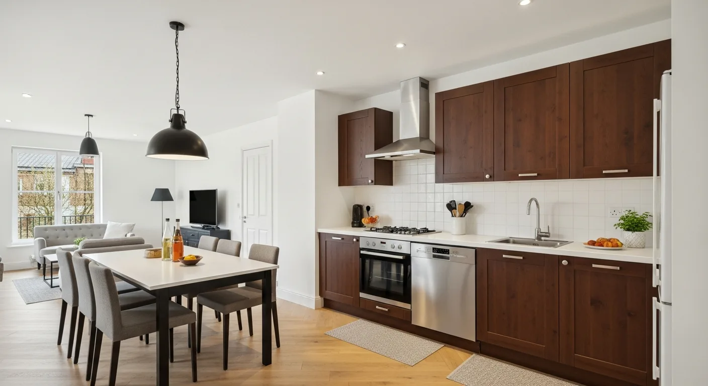 Large kitchen island with quartz waterfall edge and bar seating in a Florida open concept kitchen remodel