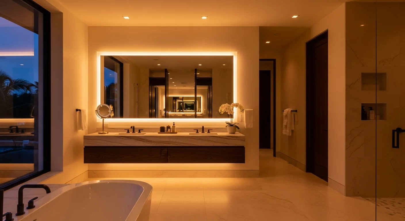 Layered lighting in a Florida luxury bathroom with backlit mirror, recessed cans, and sconces