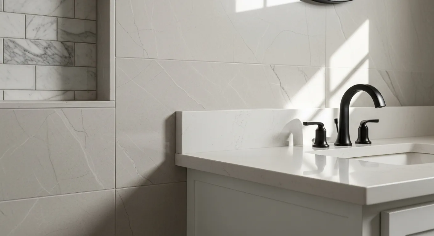 Close-up of large-format porcelain tile, quartz vanity top, and matte black fixtures in a Florida luxury bathroom