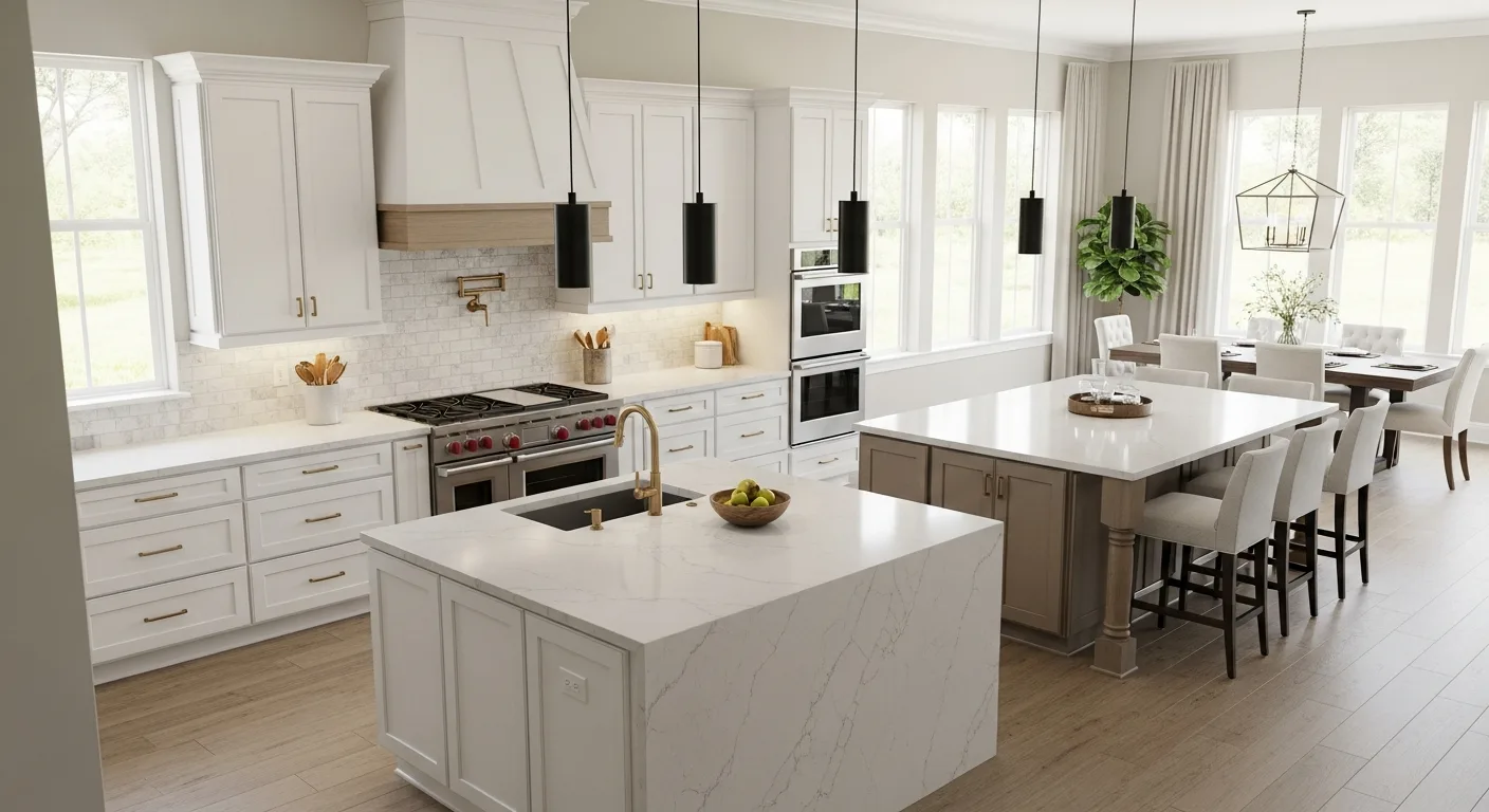Open-concept Florida kitchen with a two-island layout, one for prep and one for seating