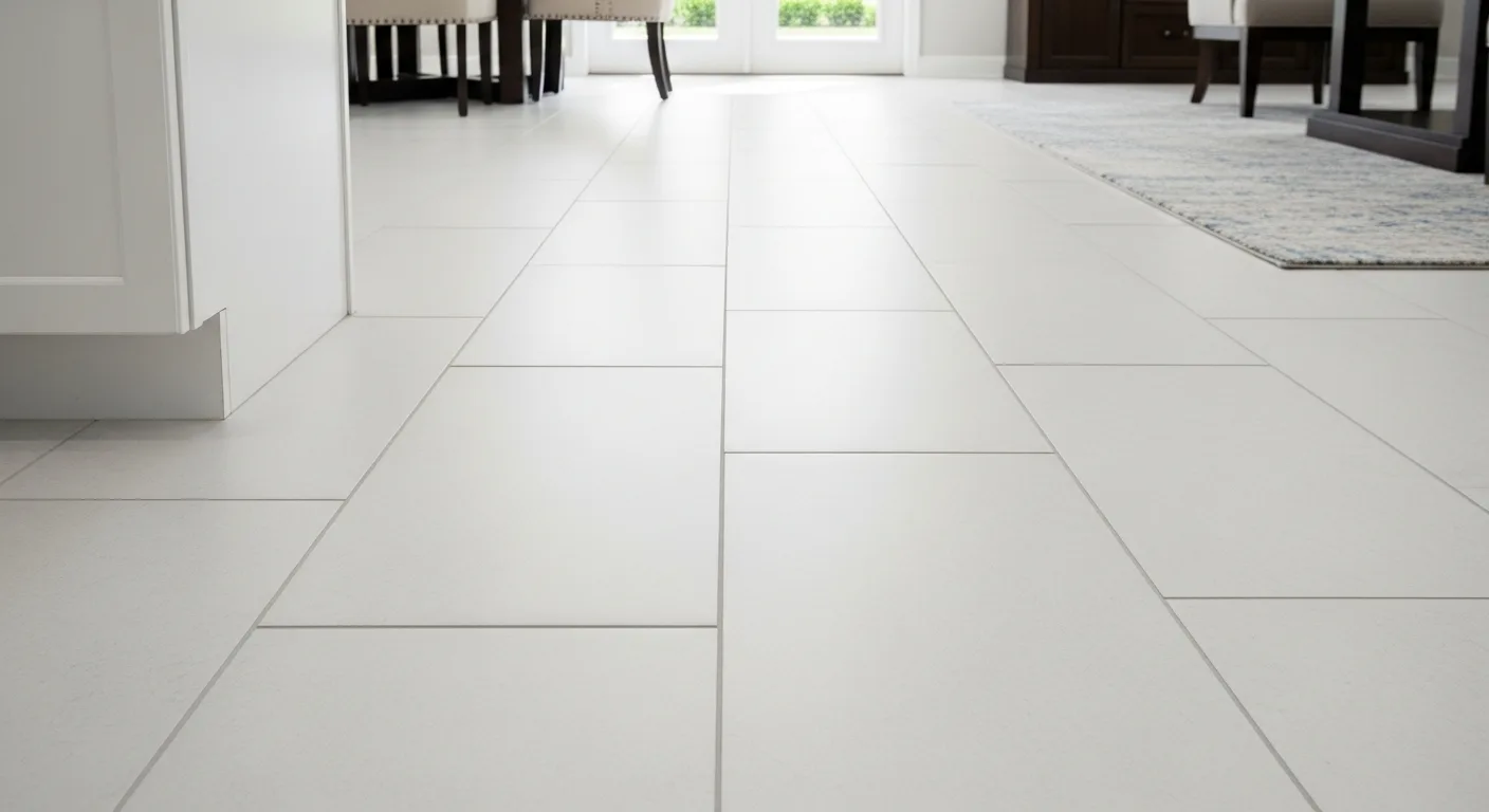 Large format porcelain tile flooring running continuously from kitchen through living room in a Florida open concept remodel