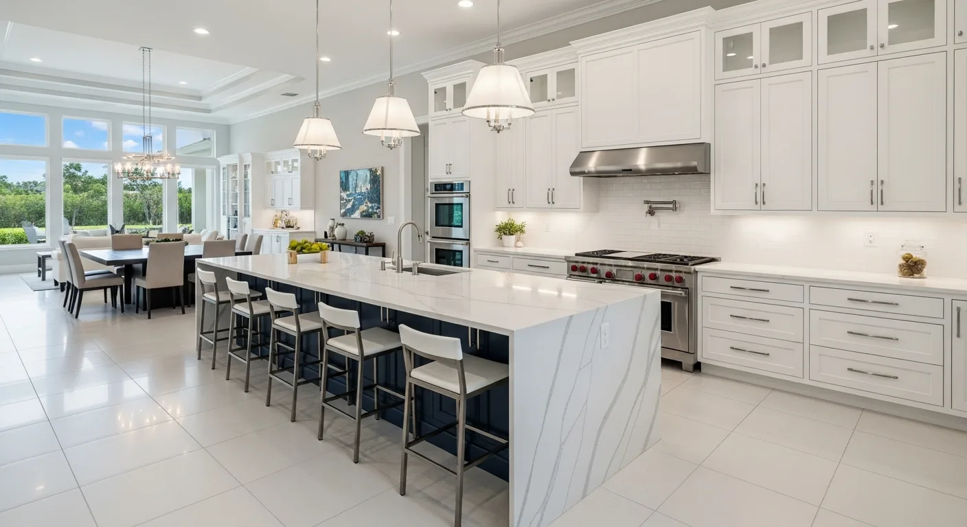 Completed open concept kitchen remodel in a Florida home with white cabinets, quartz island, and living room connection — showing finished project