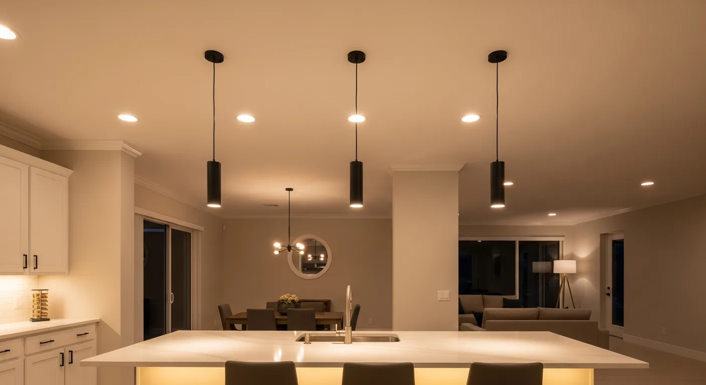 Open concept kitchen and living room with layered lighting design in a Florida home — pendants over island, recessed ceiling, under-cabinet LED