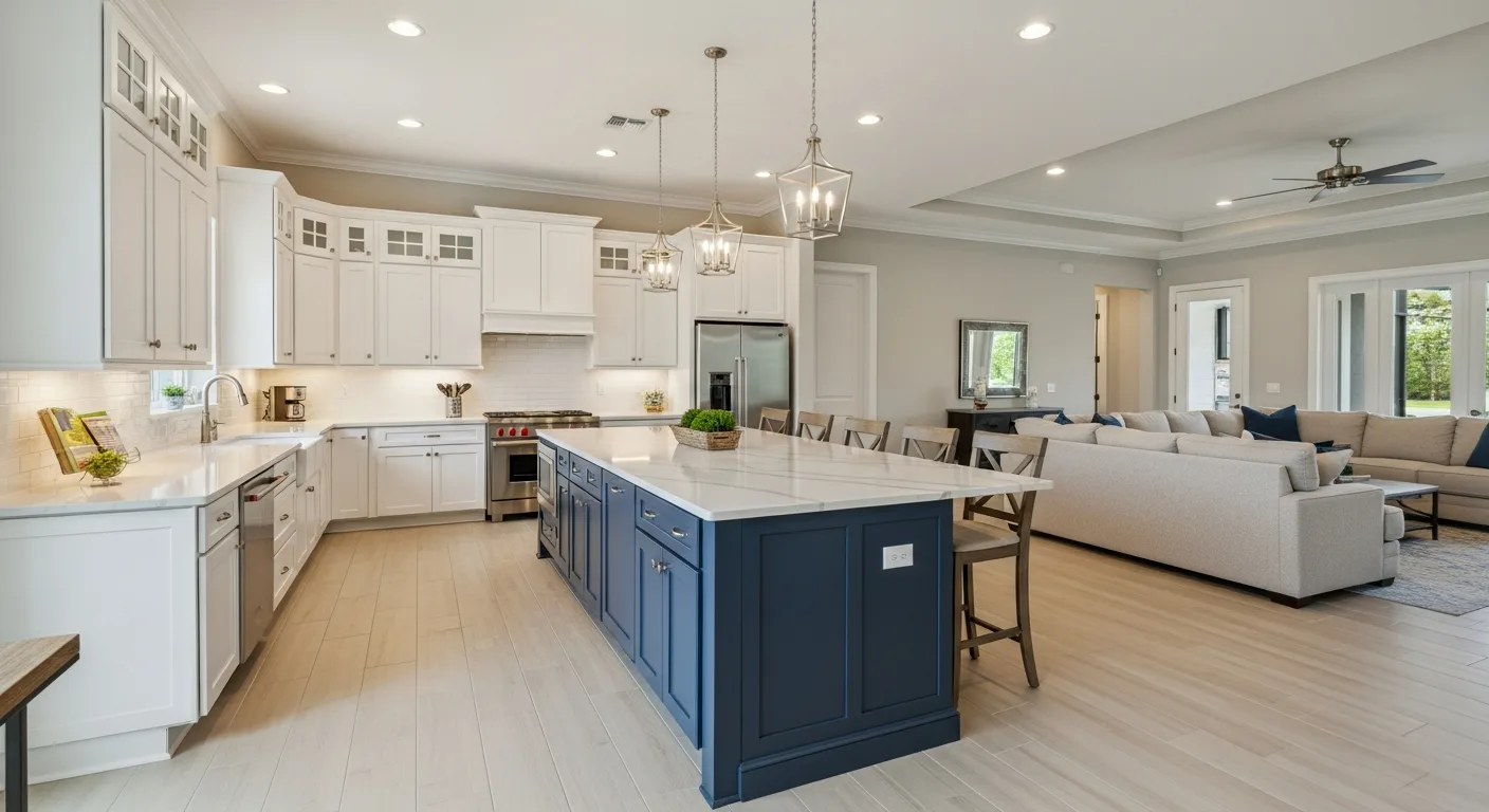 Open concept kitchen floor plan showing island layout and living room connection in a Florida home