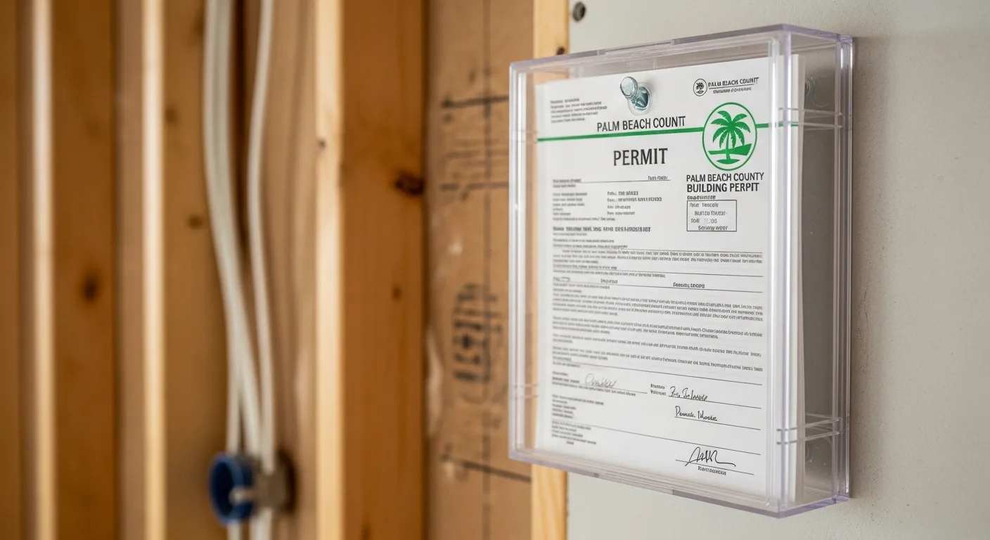 Florida building permit application and permit box posted on a kitchen remodel site