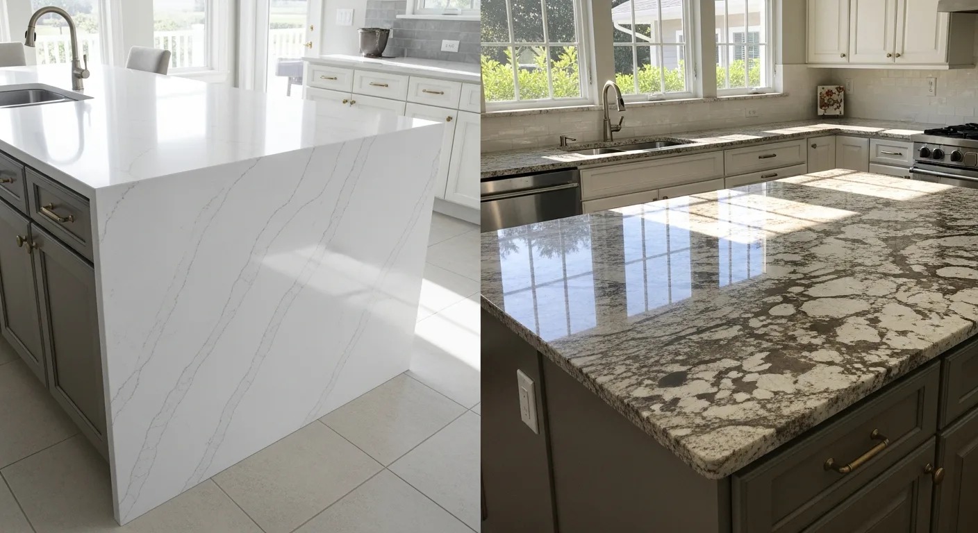 Quartz waterfall countertop with brushed gold hardware versus granite perimeter countertop in a Florida RenoVision kitchen remodel