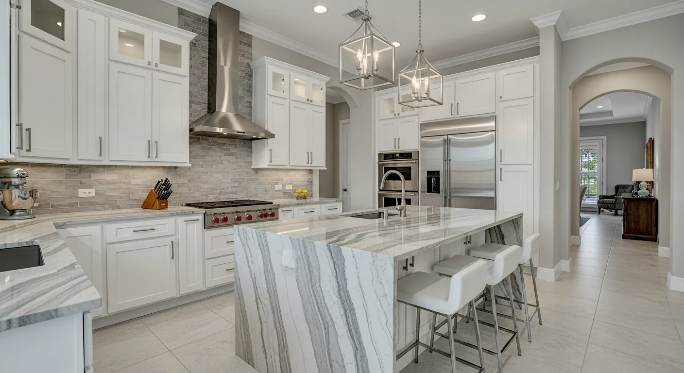 Quartzite countertop with dramatic veining and porcelain slab island in a Florida luxury kitchen by RenoVision