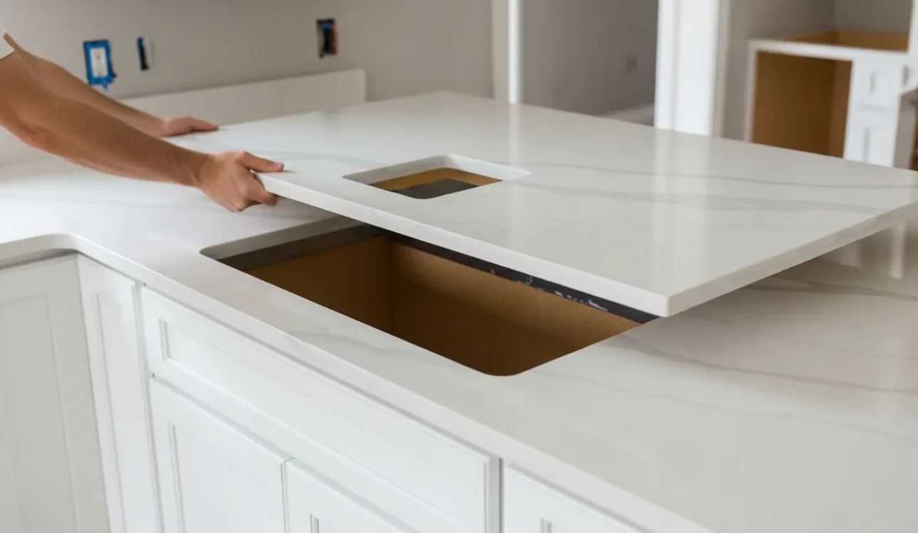 RenoVision fabricator installing quartz countertop with undermount sink in a Palm Beach County Florida kitchen remodel