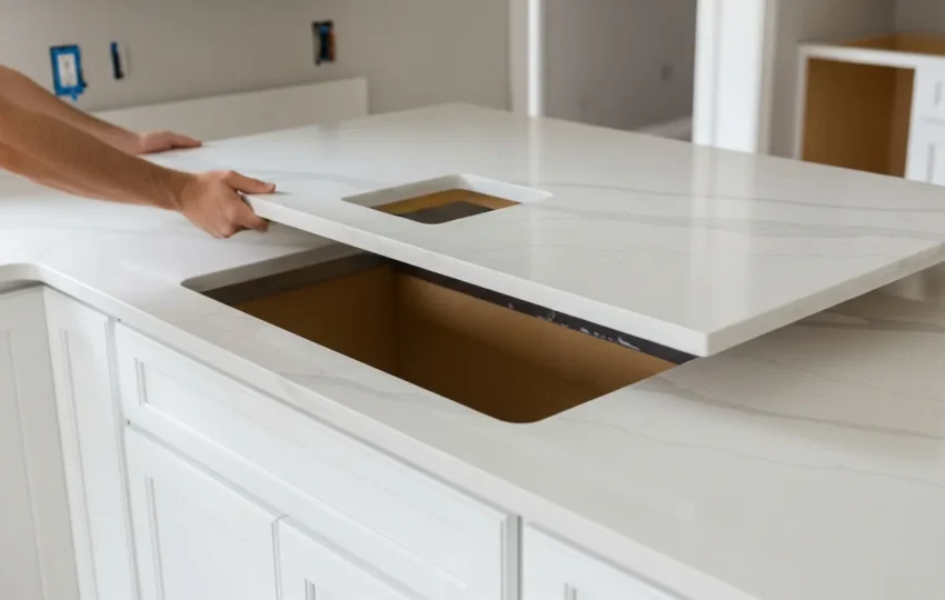 RenoVision fabricator installing quartz countertop with undermount sink in a Palm Beach County Florida kitchen remodel