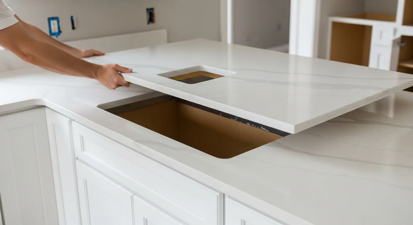 RenoVision fabricator installing quartz countertop with undermount sink in a Palm Beach County Florida kitchen remodel