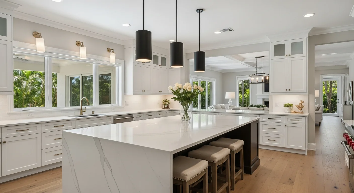 Completed kitchen island remodel by RenoVision in a Palm Beach County Florida open-concept home